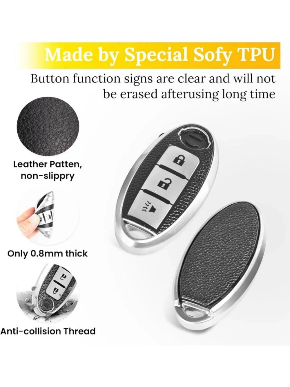 Leather Key Fob Cover for Nissan - Soft TPU Case with Keychain, 3 Button Design
